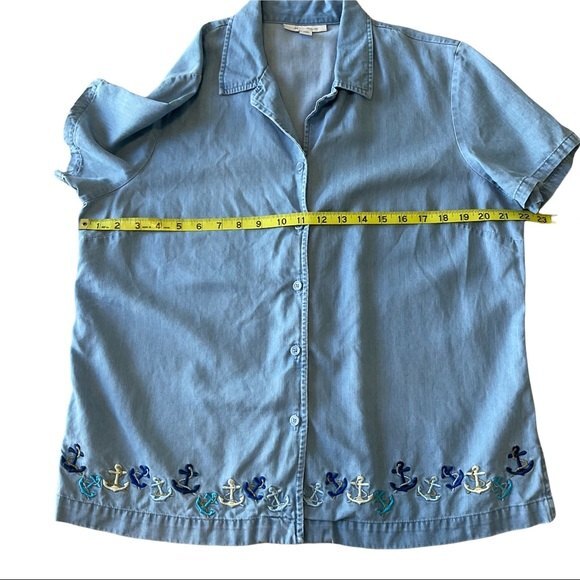 JM Collection Chambray Nautical Embroidered Anchor Button Up Shirt US 14 - Picture 3 of 6